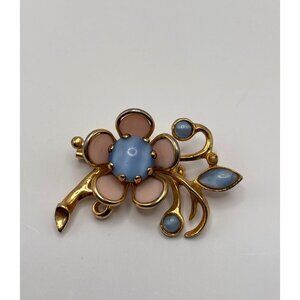 Vintage Flower Brooch Pin Pink Enameled Petal Blue Moonstone Glass Gold Tone